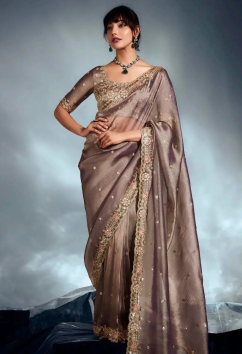 Noteworthy Brown Sequins Work Organza Reception Wear Saree With Blouse